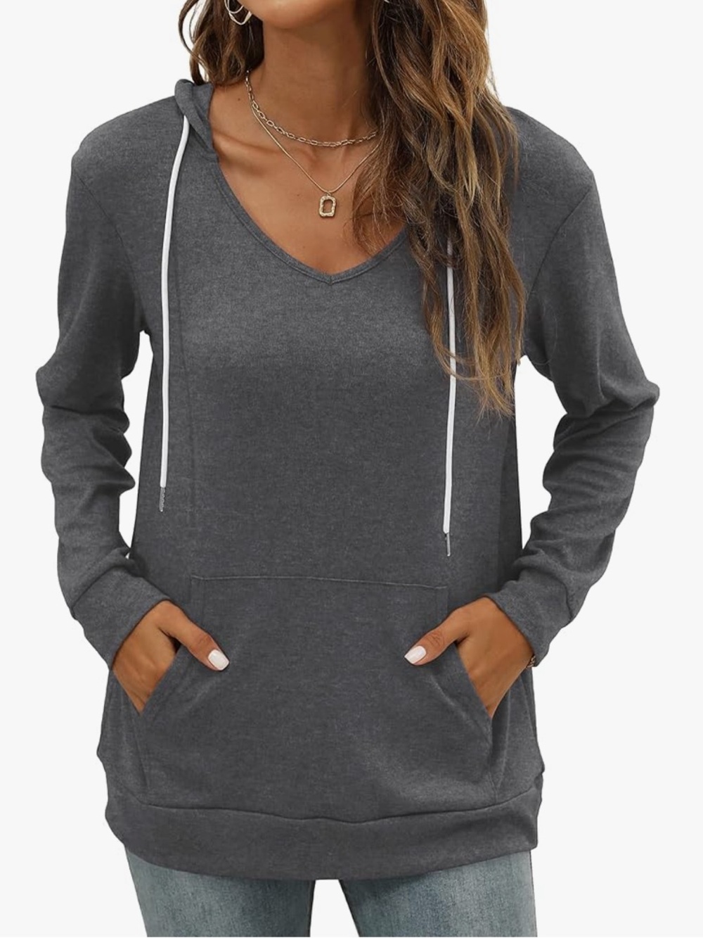 Saloogoe Kangaroo Pocket V Neck Lightweight Sweatshirt